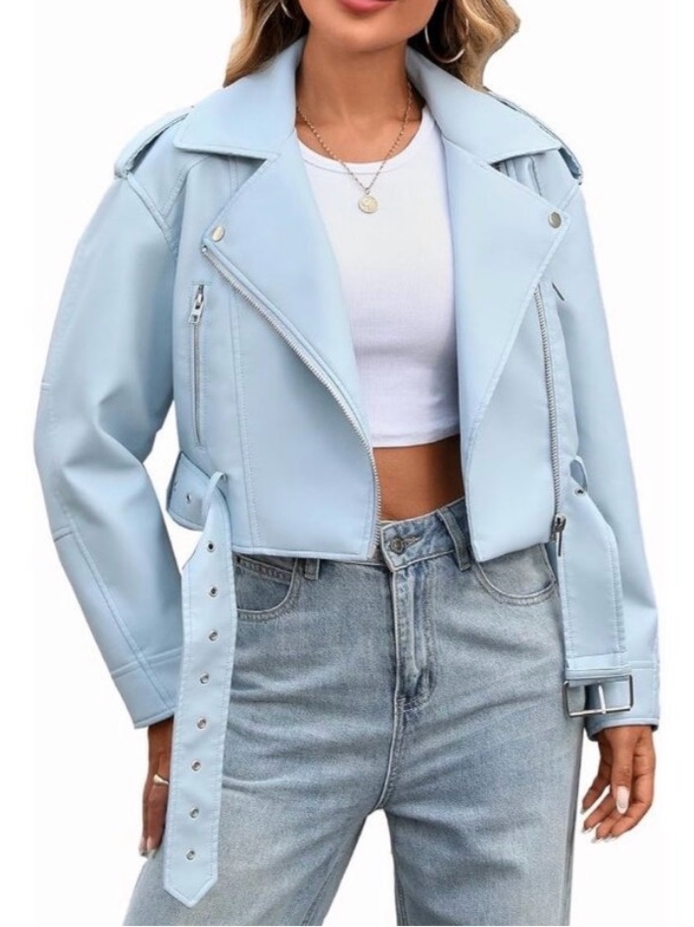 Forever 21 Light Blue Cropped Moto Jacket